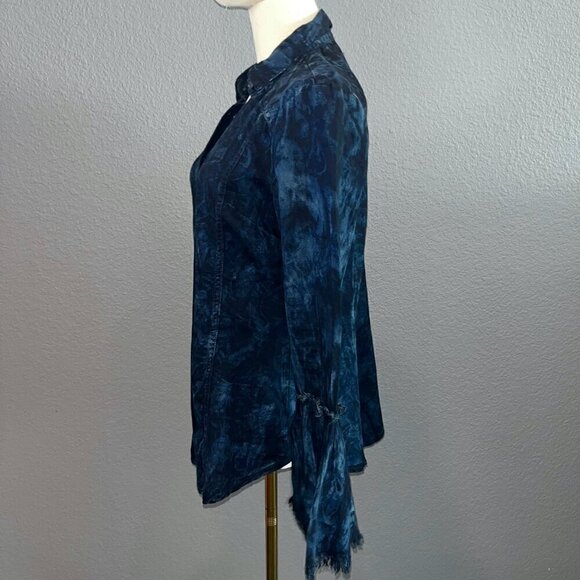 SCULLY Western Tie Die Black & Blue Ruffle Sleeves Frayed Edges Shirt Blouse Top - Picture 3 of 9